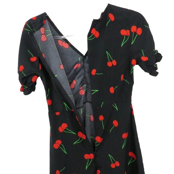 1990s Vintage Black Sweetheart Cherry Pattern A-Line Short Sleeve Mini Dress XS - Picture 5 of 7